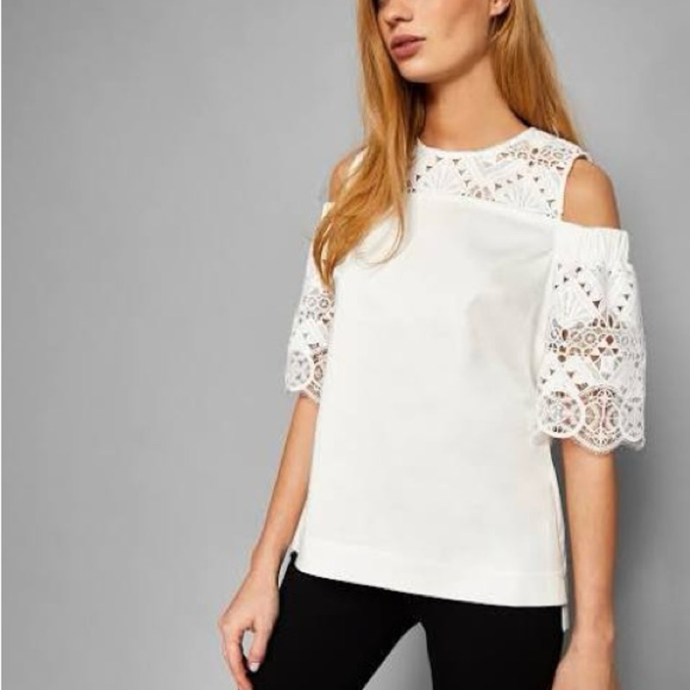 Ted Baker Taluah mixed lace cold shoulder white blouse top 1